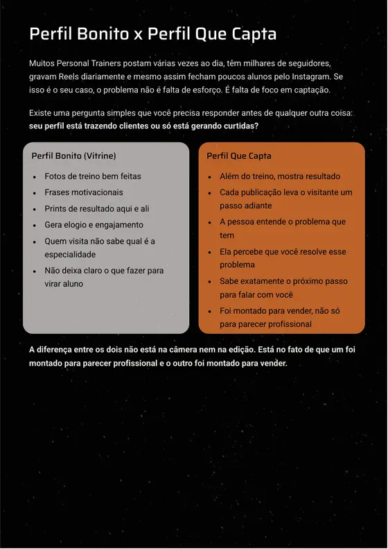 Página real do e-book comparando um perfil bonito com um perfil que capta alunos