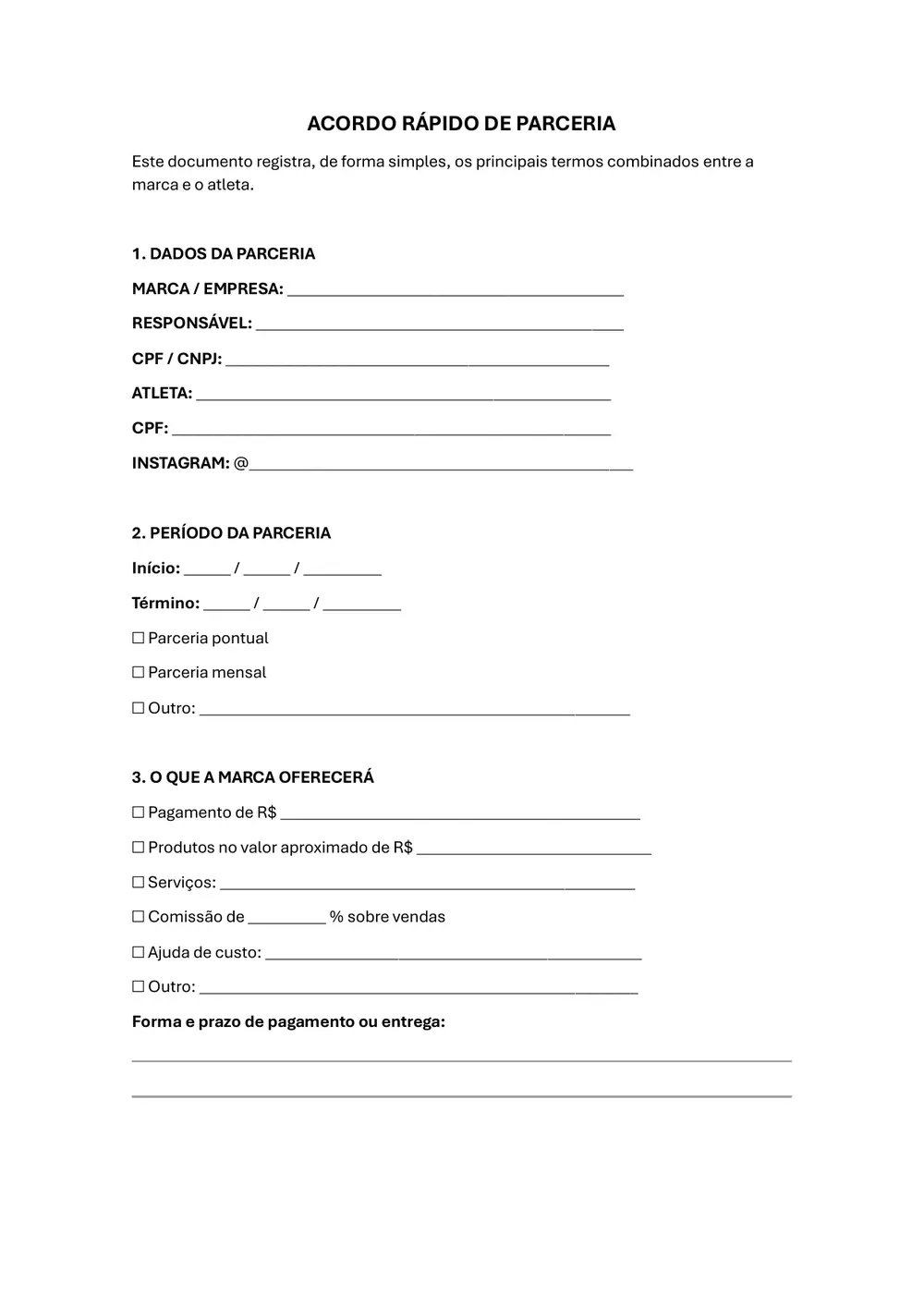 Primeira página original do Acordo Rápido de Parceria