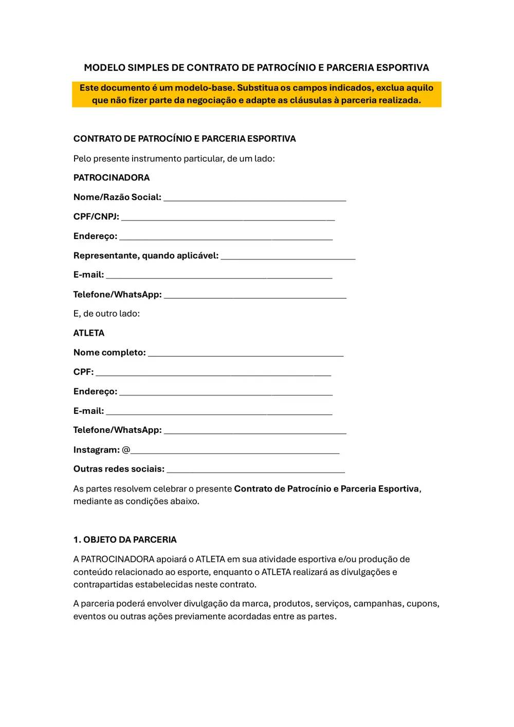 Primeira página original do Modelo de Contrato de Patrocínio