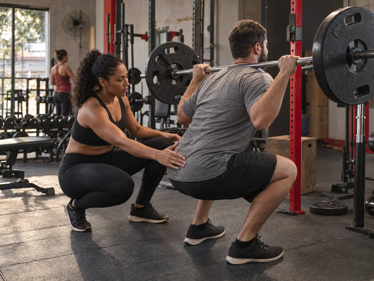 Personal trainer brasileira corrigindo a execução de agachamento de um aluno