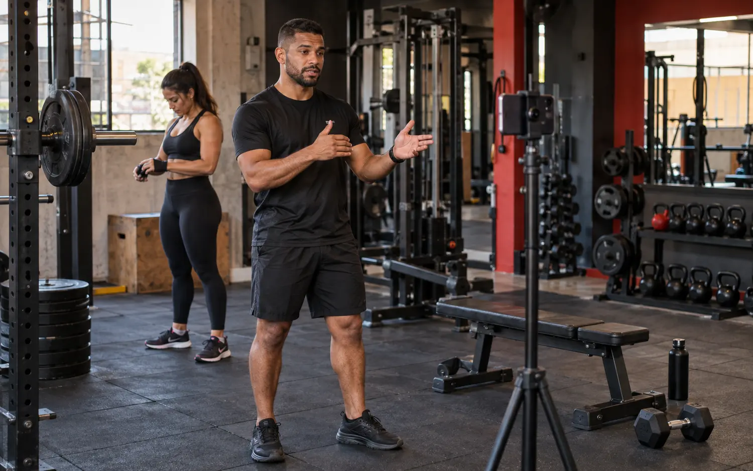 Personal trainer brasileiro gravando uma explicação em vídeo dentro da academia